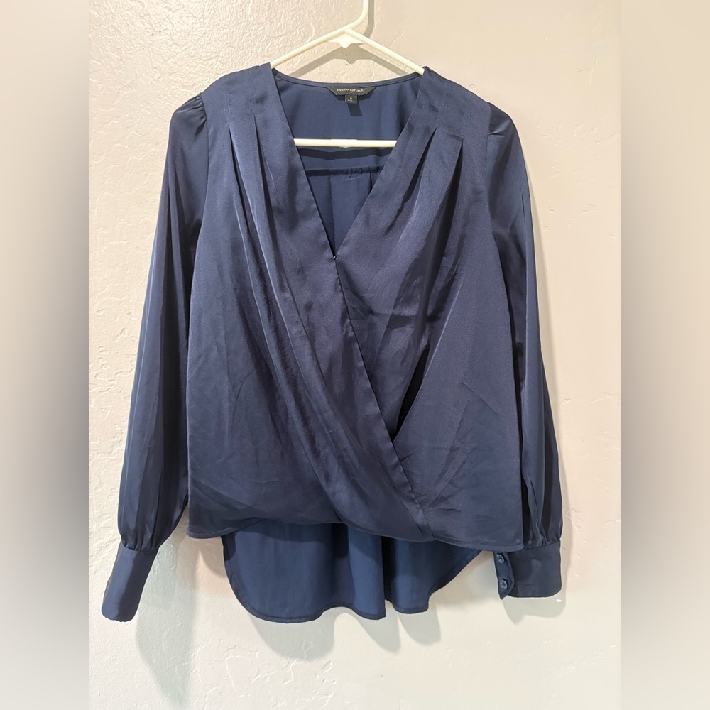Banana Republic Navy Blue Silky High Low Long Sleeve Blouse